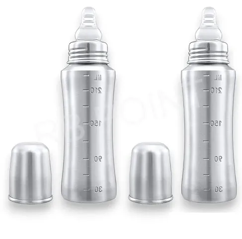 Regular Stainless Steel Baby Feeding Bottles (240 ML Mirror Finish Plain Silver) with Steel Travel Cap, Nipple