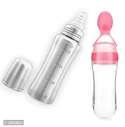 RB POINT Baby Feeding Stainless Steel Bottle 240ml with Silicone Nipple Steel Feeding Bottle BPA Free (ML Marking Bottle + Spoon Feeder)