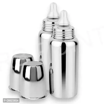 RB POINT Regular Stainless Steel Baby Feeding Bottles (240 ML Mirror Finish Plain Silver) with Steel Travel Cap, Nipple (Pack of 2)-thumb0