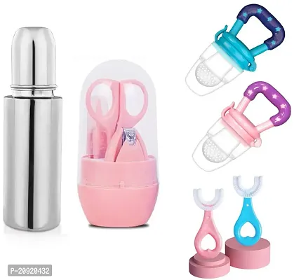 New Baby Products Kit with Nail Cutter  Premium Stainless Steel Baby Feeding Bottle, Ultimate Baby Food Feeder  Baby Soft Silicone Tooth Brush(2 PC)-thumb0