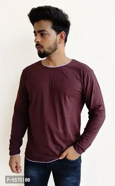 100% Cotton - Coffee Colour With White Piping Full Sleeves T-shirt