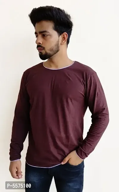 100% Cotton - Coffee Colour With White Piping Full Sleeves T-shirt-thumb0