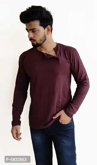 100% Cotton - Coffee Colour Tshirt With Stylish Cut Buttons