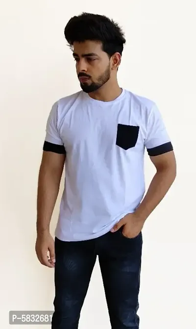 100% Cotton White Colour With Black Pocket Stylish T-shirt-thumb0