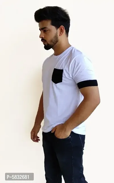 100% Cotton White Colour With Black Pocket Stylish T-shirt-thumb3