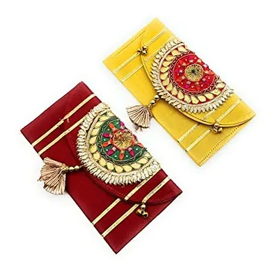 SATYAM KRAFT 2 Pcs Gifting Shagun Fabric Material Traditional Design Multi Purpose Envelope Lifafa Cover With Different Color, Useful In Occations Like Birthday, Anniversary, Rakshabandhan, Diwali, New Year, All Festivals And Money Gifting (Pack of 2)