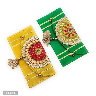 SATYAM KRAFT 2 Pcs Gifting Shagun Fabric Material Traditional Design Multi Purpose Envelope Lifafa Cover With Different Color, Useful In Occations Like Birthday, Anniversary, Rakshabandhan, Diwali, New Year, All Festivals And Money Gifting (Pack of 2)-thumb2