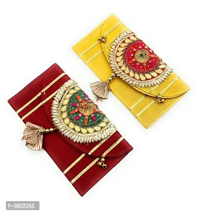 SATYAM KRAFT 2 Pcs Gifting Shagun Fabric Material Traditional Design Multi Purpose Envelope Lifafa Cover With Different Color, Useful In Occations Like Birthday, Anniversary, Rakshabandhan, Diwali, New Year, All Festivals And Money Gifting (Pack of 2)-thumb0