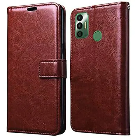 RRTBZ Foldable Stand Wallet Flip Case Compatible for Tecno Spark 7 -Brown