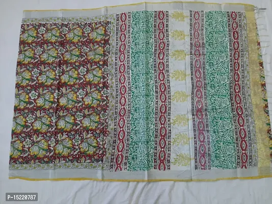 Kalamkari Block print linen handloom woven Saree with zari border.-thumb0