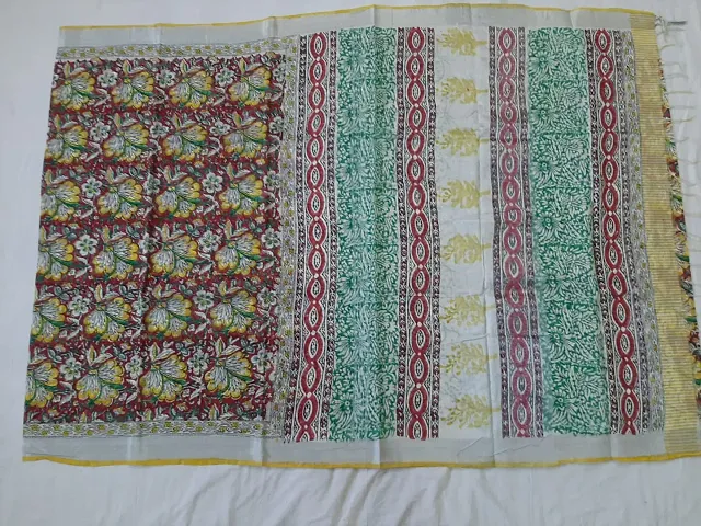 Kalamkari Block print linen handloom woven Saree with zari border.