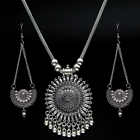 Casualwear Silver Oxidized Alloy Long Necklace Set
