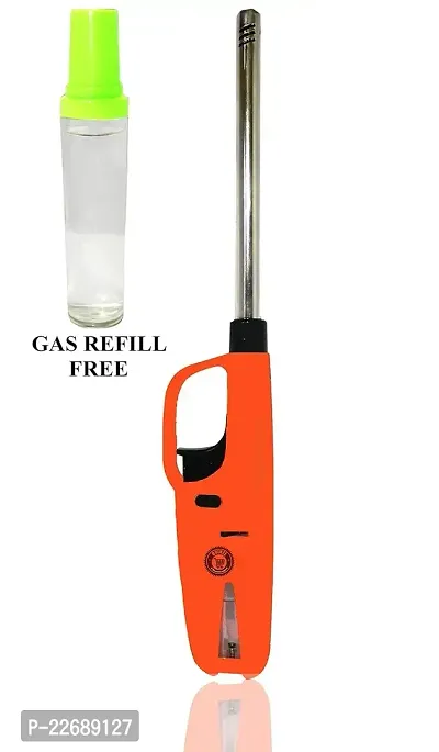 Gas Lighter for Gas Stove with Gas Refill Bottle Can Cylinder with Adjustable Flame Refilable BBQ Lighter Use for Candle, Diya, Barbecue, Home Use (ORANGE)