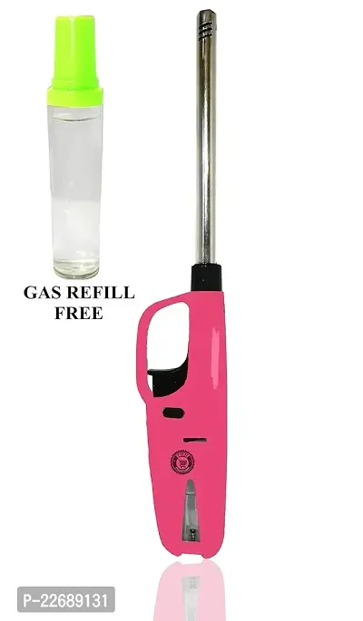 Gas Lighter for Gas Stove with Gas Refill Bottle Can Cylinder with Adjustable Flame Refilable BBQ Lighter Use for Candle, Diya, Barbecue, Home Use (PINK)