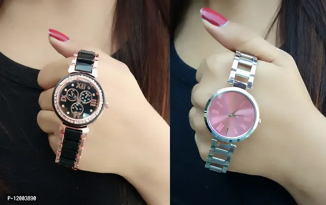 Stylish Stainless Steel Analog Watches For Women- 2 Pieces-thumb0