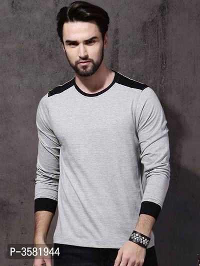 Men's Grey Cotton Self pattern Round Neck Tees-thumb0