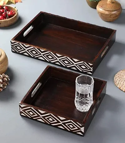 The Urban Store Decorative and Hand Crafted Wooden Serving Trays for Tea/Coffee/Drinks - Set of 2 Trays