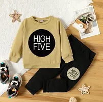 Elegant Beige Hosiery Cotton Printed T-Shirts with Trousers For Kids-thumb1