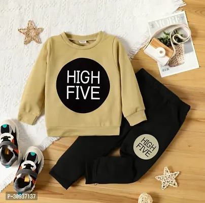 Elegant Beige Hosiery Cotton Printed T-Shirts with Trousers For Kids-thumb2