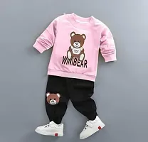 Elegant Pink Hosiery Cotton Printed T-Shirts with Trousers For Kids-thumb1