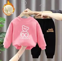 Elegant Pink Hosiery Cotton Printed T-Shirts with Trousers For Kids-thumb1