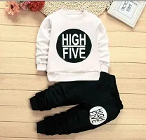 Elegant White Hosiery Cotton Printed T-Shirts with Trousers For Kids-thumb1