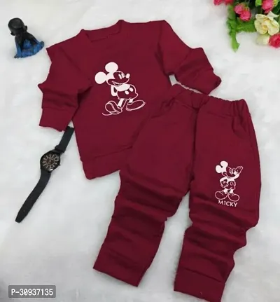 Elegant Maroon Hosiery Cotton Printed T-Shirts with Trousers For Kids