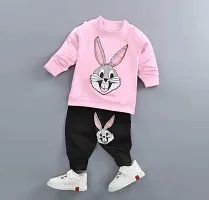 Elegant Pink Hosiery Cotton Printed T-Shirts with Trousers For Kids-thumb1