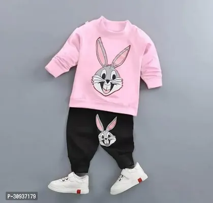 Elegant Pink Hosiery Cotton Printed T-Shirts with Trousers For Kids-thumb2