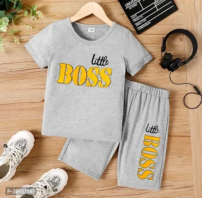 Elegant Grey Hosiery Cotton Printed T-Shirts with Shorts For Kids-thumb2