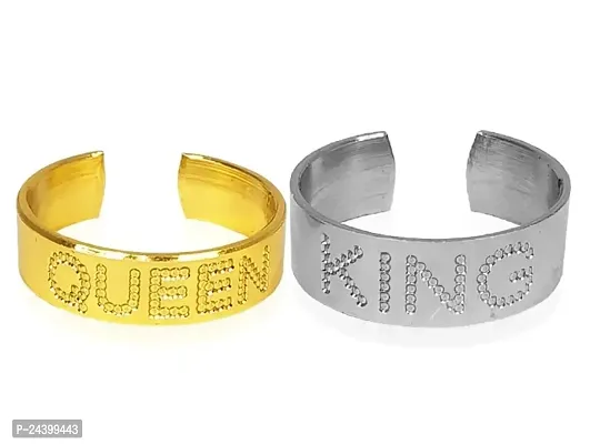 Airtick CMB7857 Multicolor Valentine's Day Stainless Steel Adjustable Size Romantic Couple King Queen Name Engraved Design Open-Cuff Finger Dainty Rings Set-thumb3