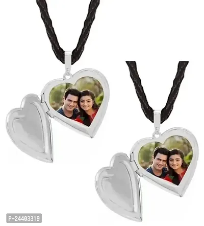 Airtick (Set Of 2 Pcs) Small Size Valentine's Day Silver Metal I Love You Heart Shape Love Openable Couple Mini Photo Frame Keepsake Momento/Memory Pendant Locket Necklace with Cotton Dori