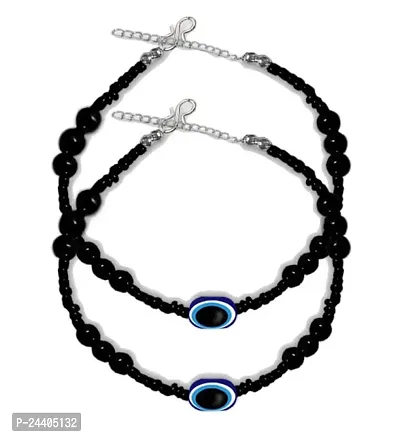 Airtick (Set Of 2 Pcs JAB0160-01 Adjustable Black Round Moti Pearl Beads/Stone Single Evil Eye Nazariya Suraksha Kavach Freindship Wrist Band Cuff Charming Chain Bracelet For Women's  Girl's