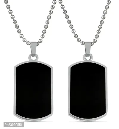 Airtick (Set Of 2 Pcs) Unisex Stainless Steel Black  Silver Plated Fancy  Stylish Solid Army Military Theme Step Edge Dog Tag Single Plate Pendant Locket Necklace With Ball Chain