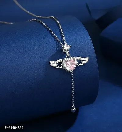 Airtick Silver Color Valentine's Day Special Stainless Steel Romantic Crystal Diamond AD Nug Studed Pink Love Heart With Moving Angel Wing Locket Pendant Necklace With Chain For Girl's And Women's