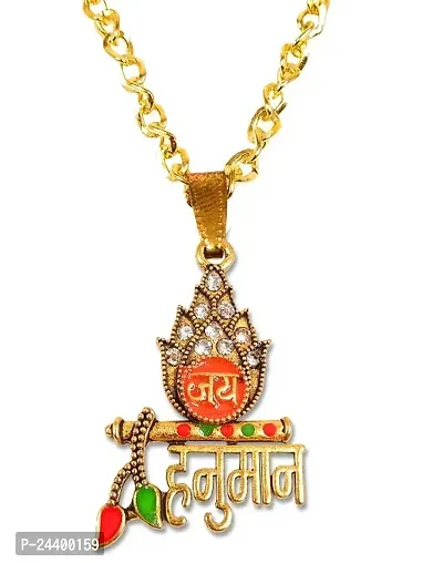 Airtick God Diamond Nug Stone Engraved/Studed Mahavir Mahabali Flying Lord Shri Bajrangbali Hanuman With Bansuri/Flute Leaf Design Locket Pendant Necklace-thumb0