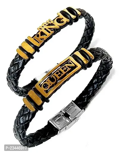 Airtick (Set Of 2 Pcs) Golden Love Queen And King Crown Casual Style Daily Use Braided Leatherette Rope Cutting Wraps Strap Ponytail Design Hand Wrist Band Bangle Couple Bracelet With Buckle Lock