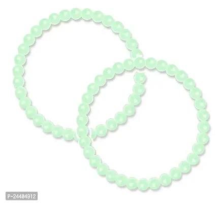 Airtick (Pack Of 2 Pcs Adjustable Size Light Green Color Plain 8mm Moti Pearl Bead Natural Feng-Shui Healing Crystal Gem Stone Wrist Band Elastic Bracelet For Men's  Women's