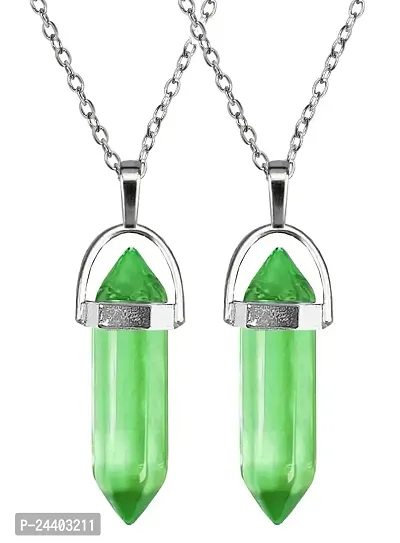 Airtick (Pack Of 2 Pcs Green Glass Healing Crystal Hexagonal Point Prism Pencil Shape Locket Pendant Necklace With Clavicle Chain For Girl's  Women-thumb0
