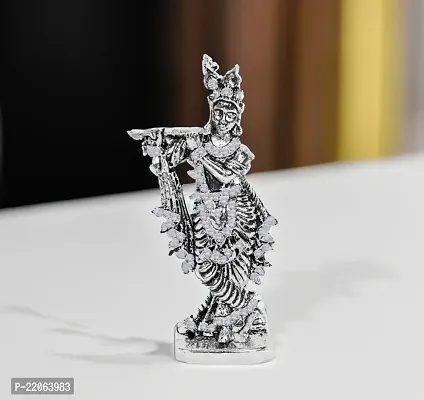 Airtick Lord Krishna/kahna Standing with Flute White Stone Idol (St-562) Silver Color Metal God Stand for Home Dcor/car Dashboard/mandir Pooja Murti/temple Puja/office Table Showpiece