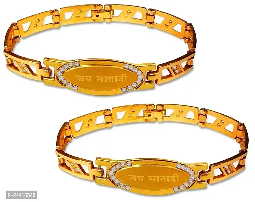 Airtick JAB0124-01 (Pack Of 2 Pcs) Adjustable Golden Color Unisex Stylish Trending Diamond/Nug Stone Hindu God Religious Jai Mata Di Designer Wrist Band Cuff Bracelets Jewellery Set-thumb0