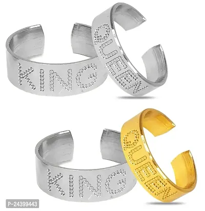 Airtick CMB7857 Multicolor Valentine's Day Stainless Steel Adjustable Size Romantic Couple King Queen Name Engraved Design Open-Cuff Finger Dainty Rings Set-thumb0