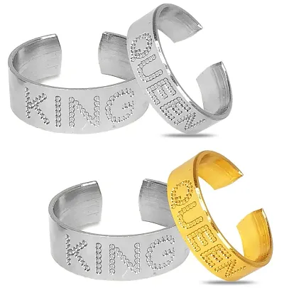 Airtick CMB7857 Multicolor Valentine's Day Stainless Steel Adjustable Size Romantic Couple King Queen Name Engraved Design Open-Cuff Finger Dainty Rings Set