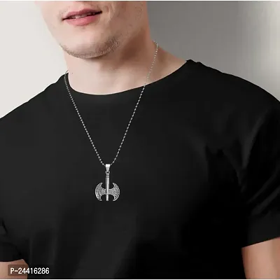 Airtick (Set Of 2 Pcs) Silver Color Unisex Trending Stainless Steel Double-Edged Battle Axe Punk Rock Hip Hop Pendant Locket Necklace With Chain-thumb4