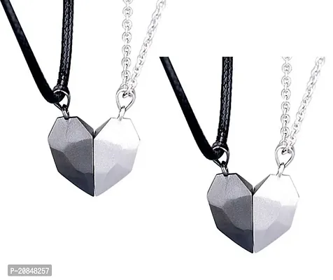 Airtick Black  Silver Valentine's Day Special I Love You Diamond Cut Design Magnetic Distance Broken Heart Shape Love Couple Promise 2 In 1 Duo Locket Pendant With Clavicle Chain  Rope-thumb4