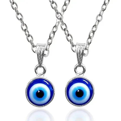 Airtick (Pack Of 2 Pcs) Premium Quality Valentine's Day Special Stainless Steel Round Blue Stone Moti Bead Evil Eye Nazar Suraksha Kavach Locket Pendant Charm Necklace With Clavicle Chain