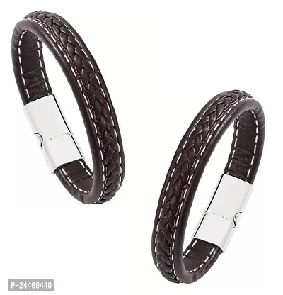 Airtick (Set Of 2 Pcs Unisex Brown  Silver Casual Style Daily Use Braided Leatherette Rope Cutting Wraps Strap Ponytail Design Sports Friendship Wrist Gym Band Bangle Bracelet With Buckle Lock-thumb0