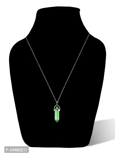 Airtick (Pack Of 2 Pcs Green Glass Healing Crystal Hexagonal Point Prism Pencil Shape Locket Pendant Necklace With Clavicle Chain For Girl's  Women-thumb3