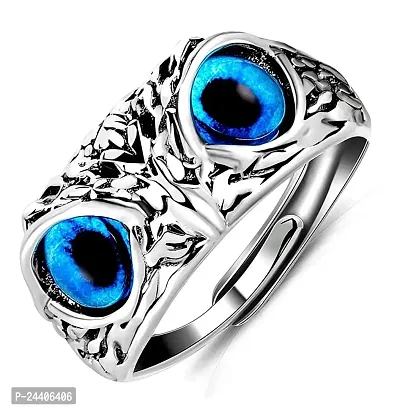 Airtick Unisex Funky Trending Adjustable/Openable Stainless Steel Decorative Creative Crystal Glasses Blue Demon Eyes Owl/Ullu Bird Face Design Thumb Finger Ring For Good Luck And Wisdom-thumb0