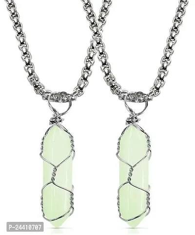Airtick (Set Of 2 Pcs Light Green Stone Healing Glass Life Of Wire Wrapped Teardrop Crystal Hexagonal Point Prism Radium Glow In The Dark Pencil Shape Locket Pendant Necklace With Box Chain